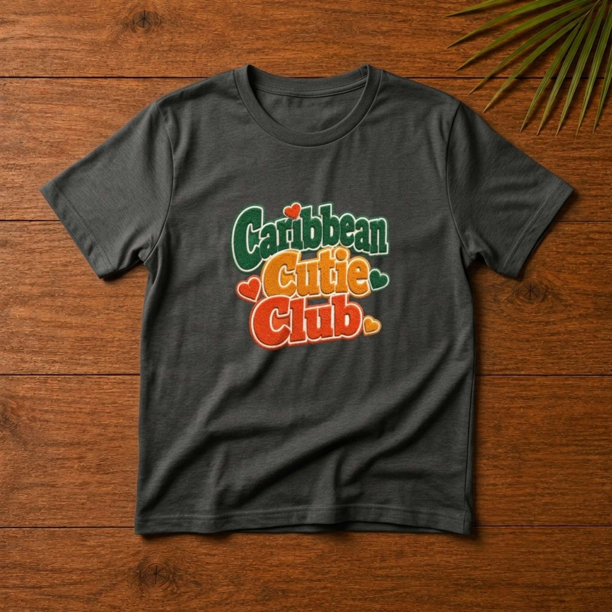 Toddler shirt with playful Caribbean Cutie Club design and heart details for matching family outfits.