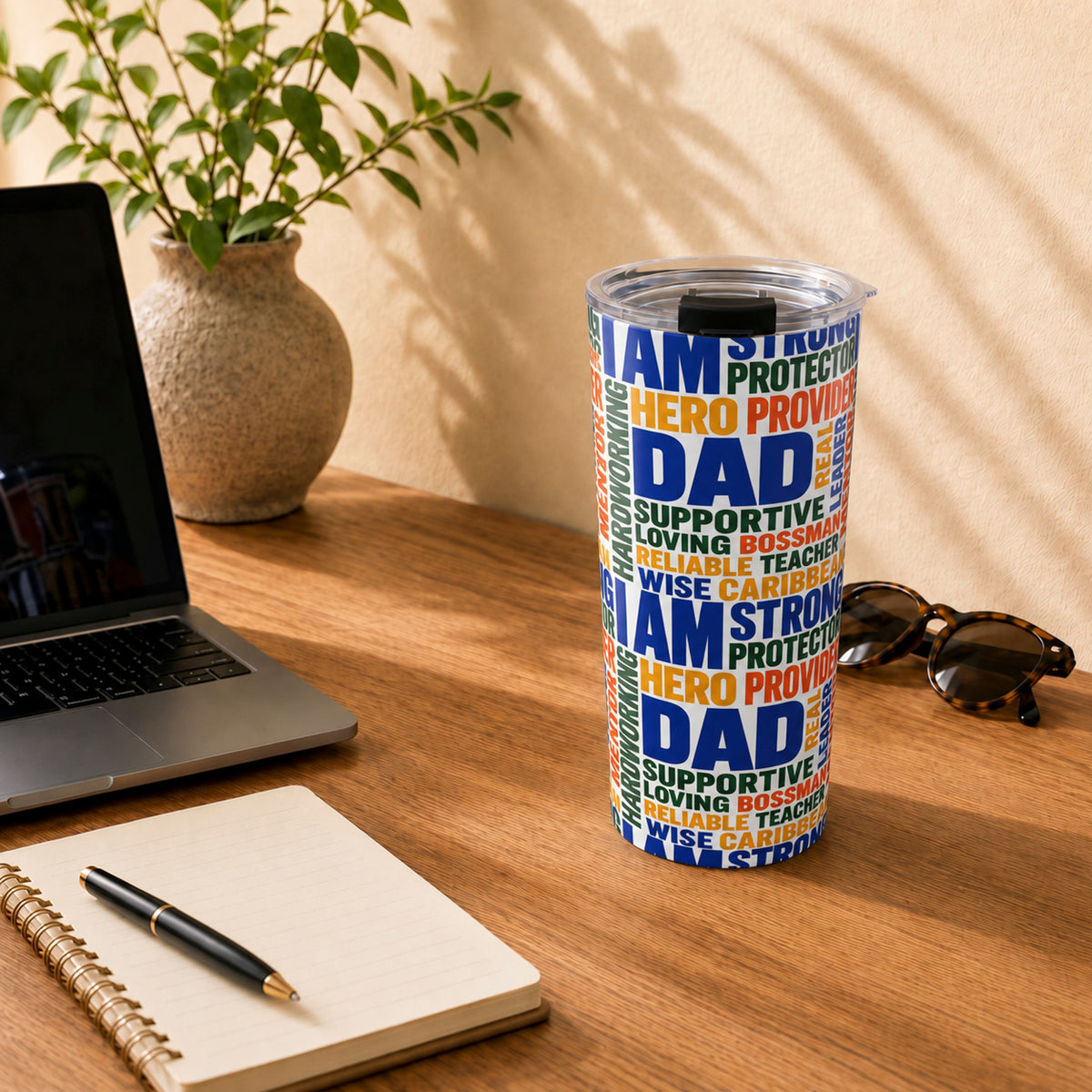 Caribbean Dad tumbler with bold inspirational word art, a unique gift for Caribbean fathers and dads in the diaspora.