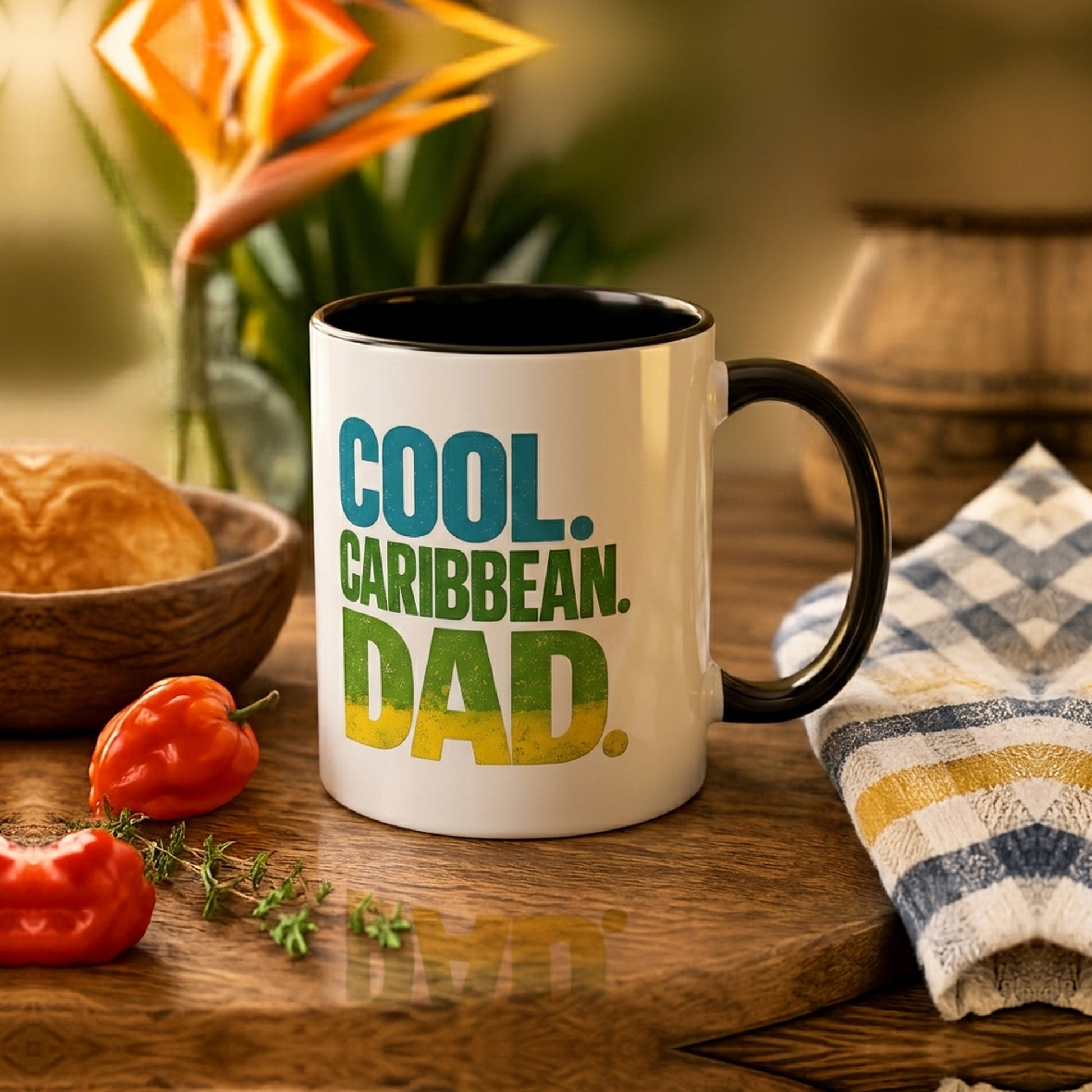 Cool Caribbean Dad accent mug with black handle and interior featuring bold Caribbean dad design.