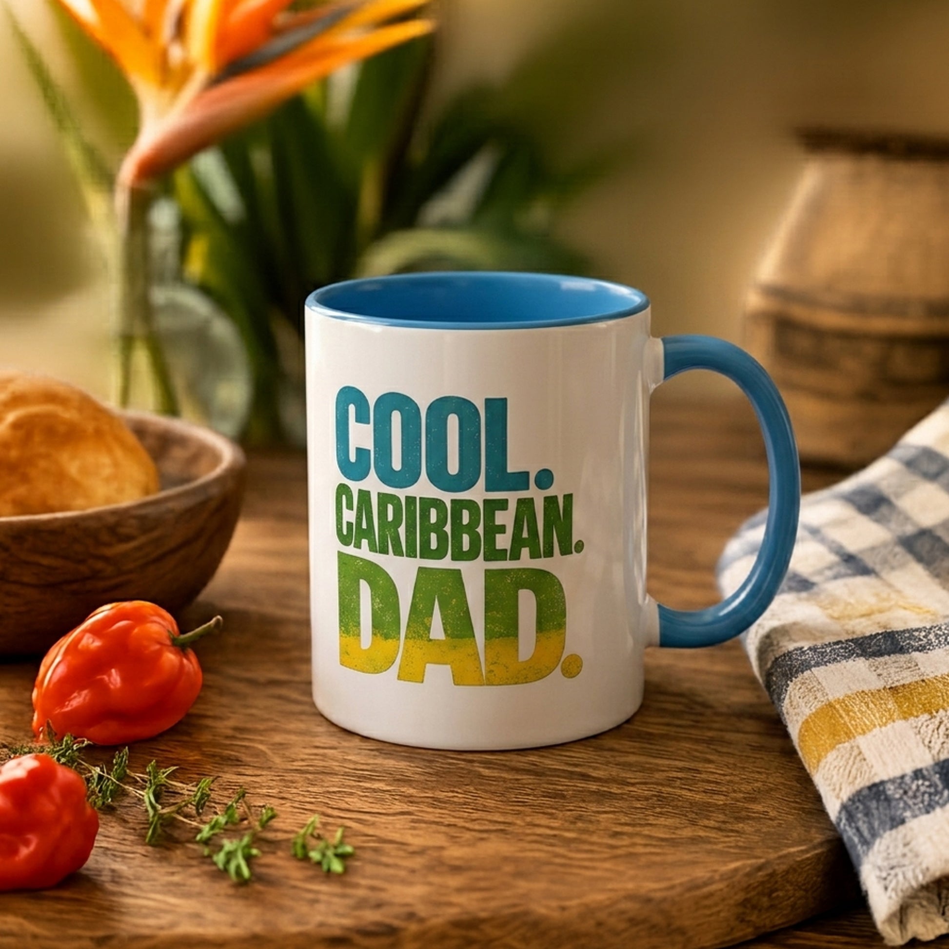 Cool Caribbean Dad accent mug with blue handle and interior featuring bold Caribbean dad design.