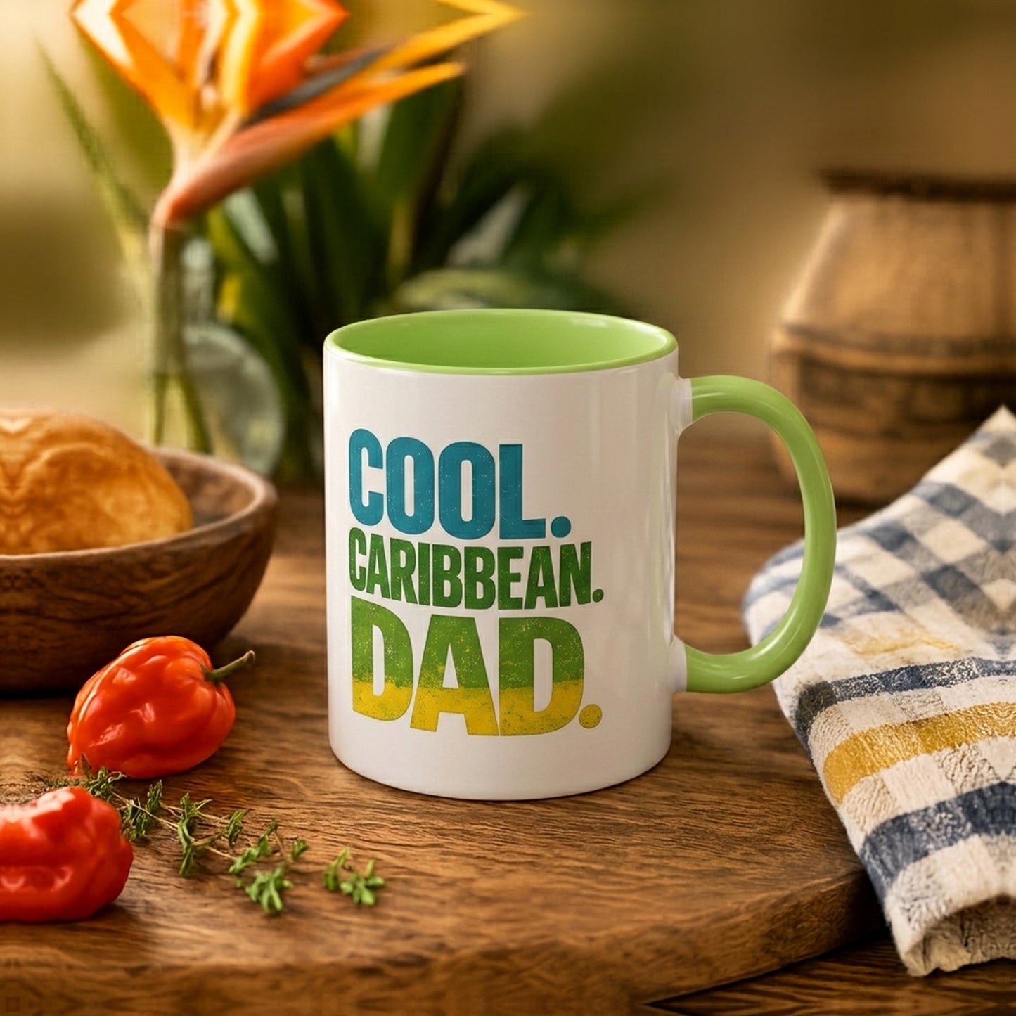 Cool Caribbean Dad accent mug with light green handle and interior featuring bold Caribbean dad design.