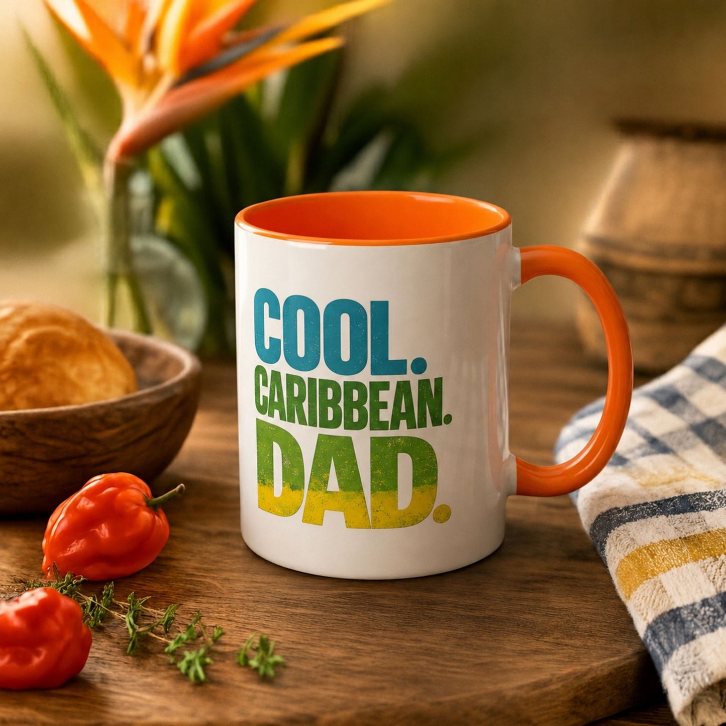 Cool Caribbean Dad accent mug with orange handle and interior featuring bold Caribbean dad design.