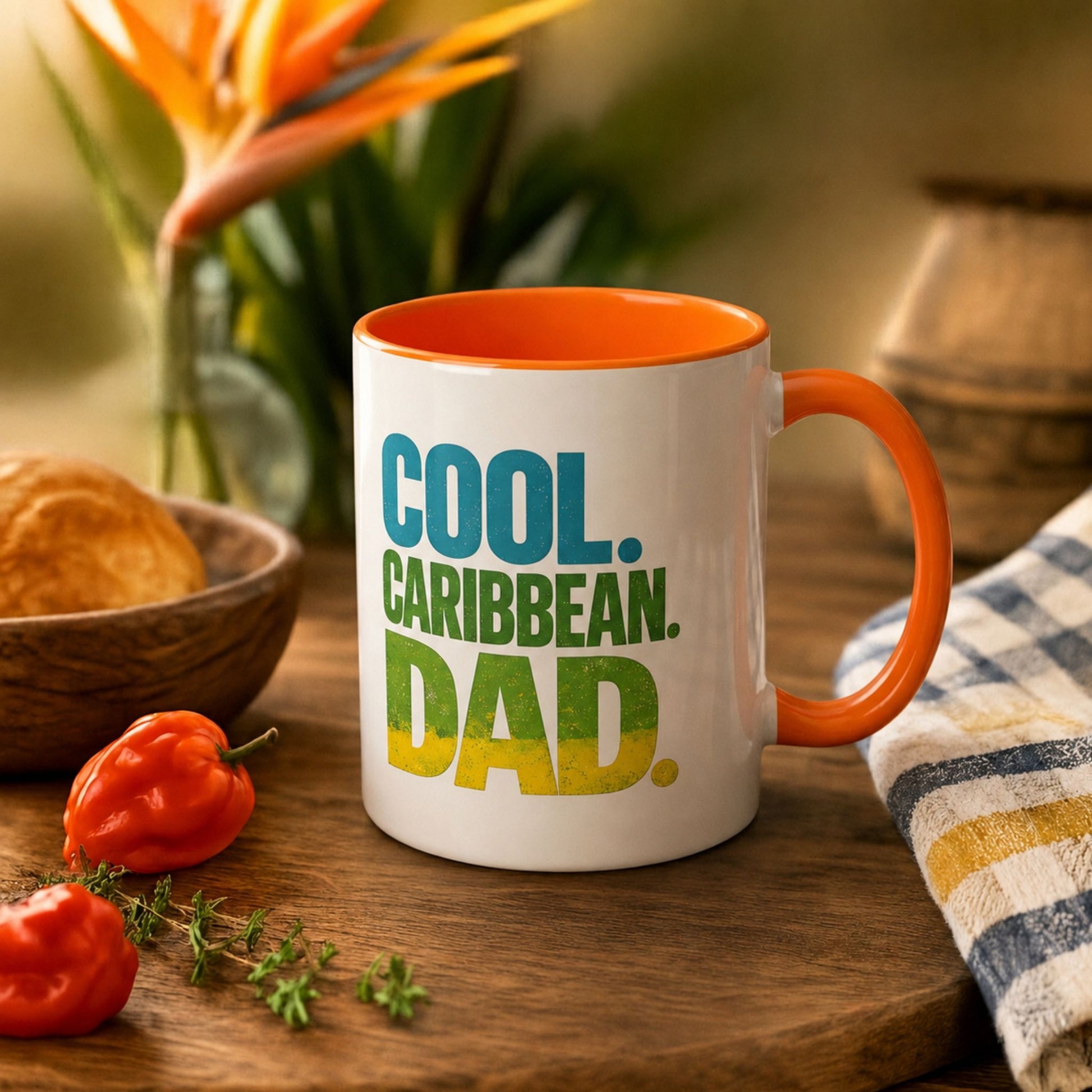 Cool Caribbean Dad accent mug with orange handle and interior featuring bold Caribbean dad design.