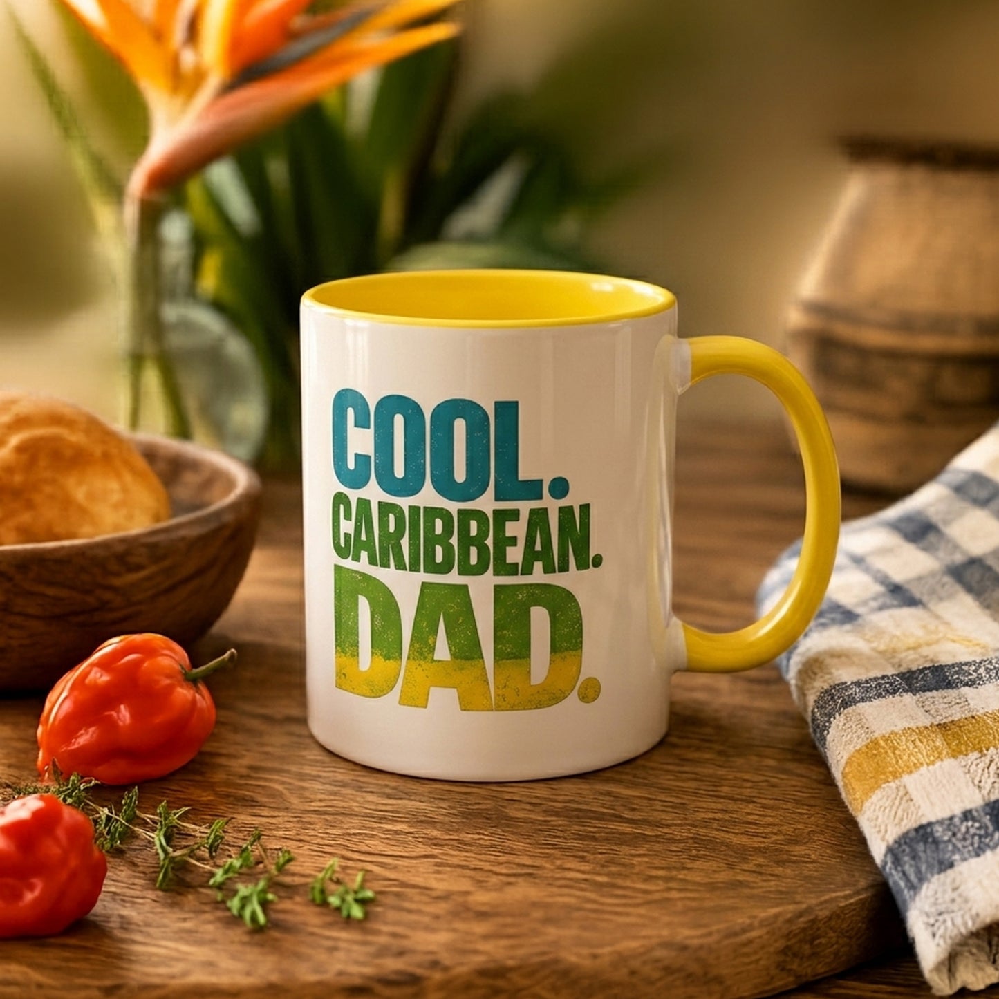 Cool Caribbean Dad accent mug with yellow handle and interior featuring bold Caribbean dad design.