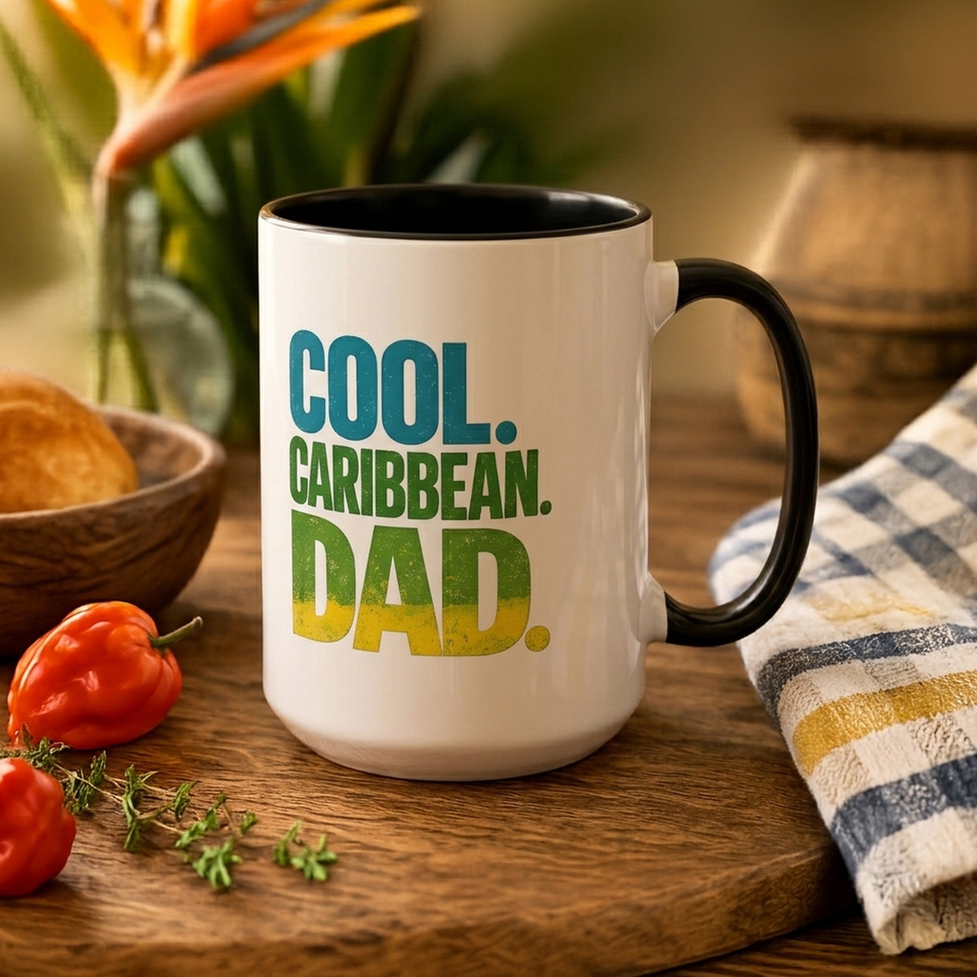 Cool Caribbean Dad accent mug with black handle and interior featuring bold Caribbean dad design.