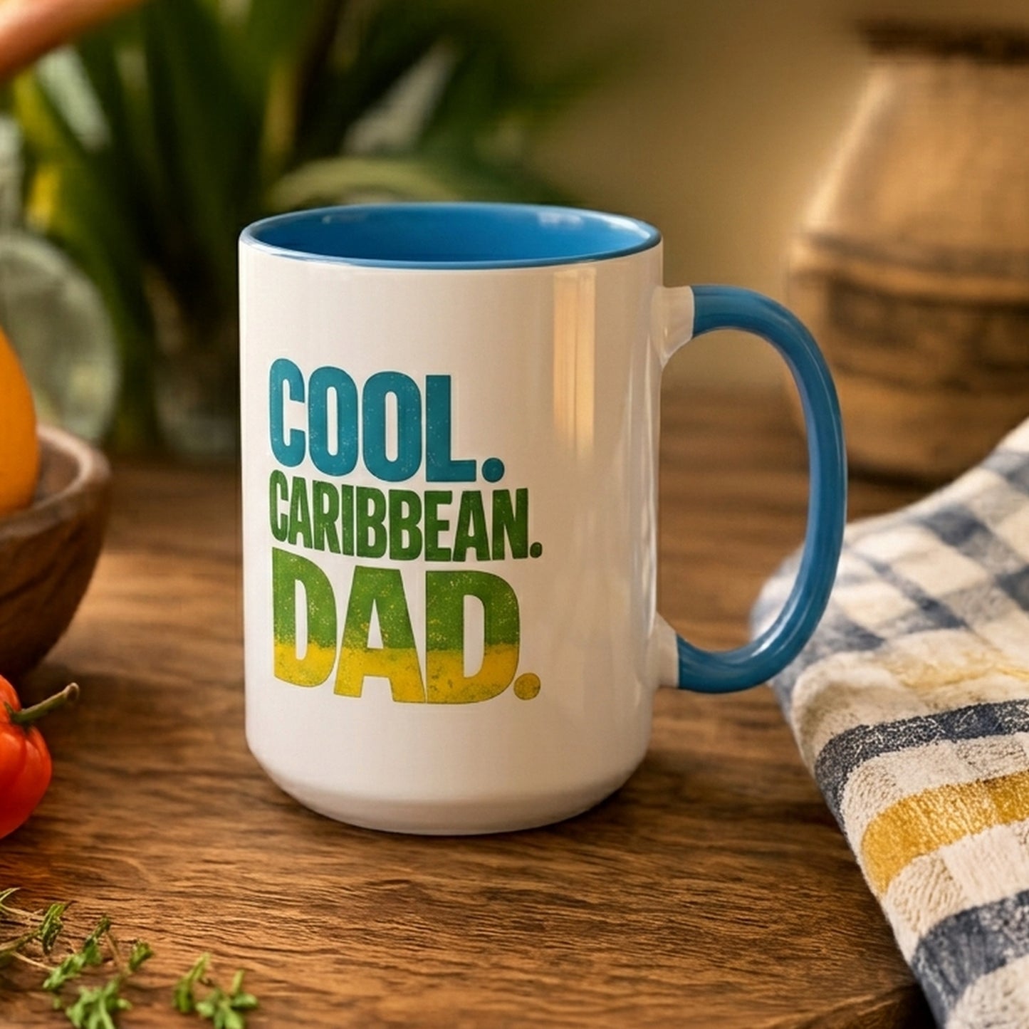 Cool Caribbean Dad accent mug with blue handle and interior featuring bold Caribbean dad design.