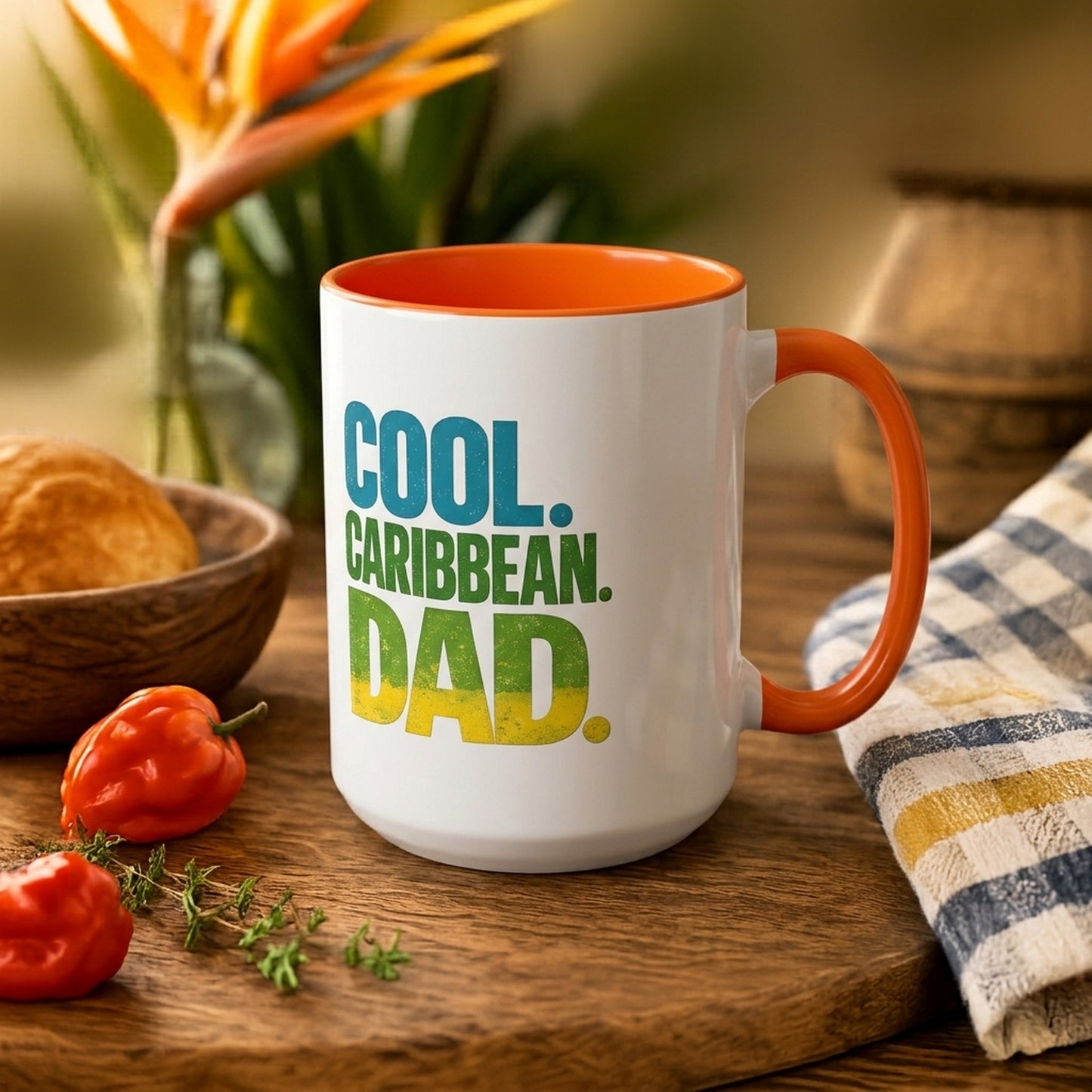 Cool Caribbean Dad accent mug with orange handle and interior featuring bold Caribbean dad design.