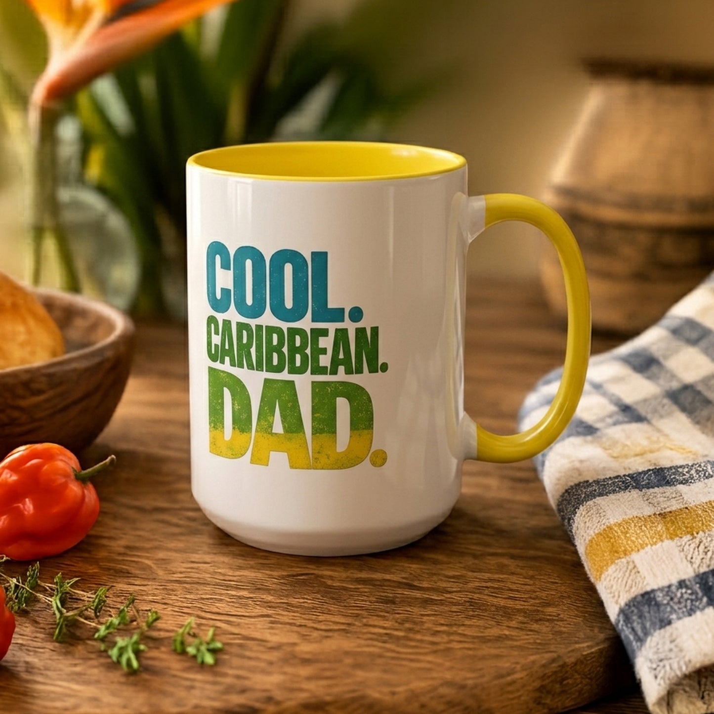 Cool Caribbean Dad accent mug with yellow handle and interior featuring bold Caribbean dad design.