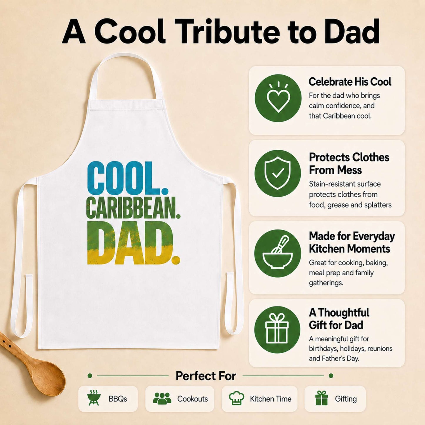 Cool Caribbean Dad apron with bold Caribbean dad graphic in blue, green and yellow lettering.