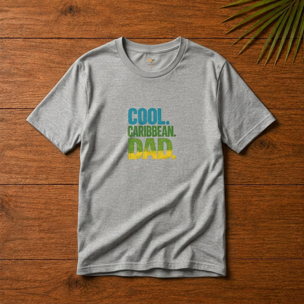 Cool Caribbean Dad graphic t-shirt with bold blue, green and yellow island-inspired lettering.
