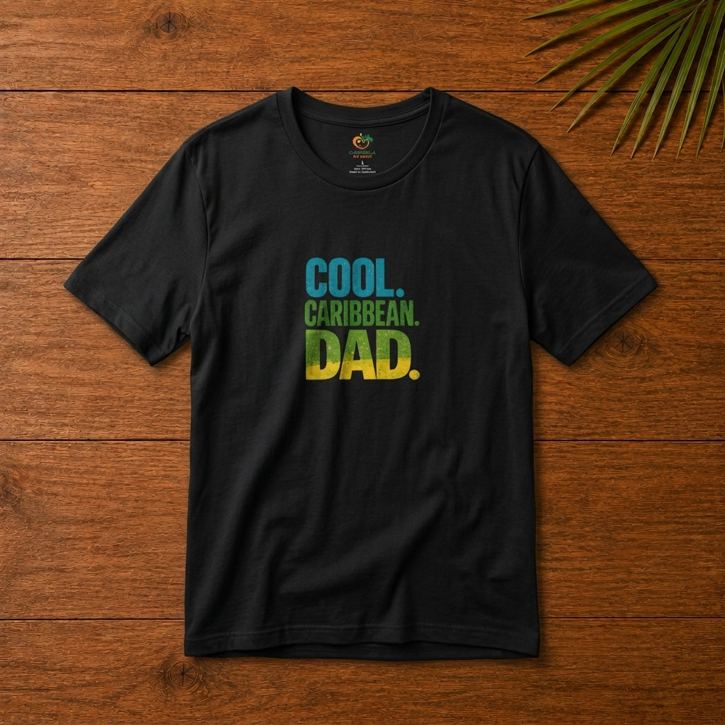 Cool Caribbean Dad graphic t-shirt with bold blue, green and yellow island-inspired lettering.