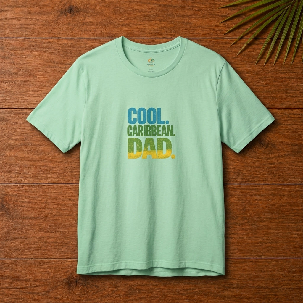 Cool Caribbean Dad graphic t-shirt with bold blue, green and yellow island-inspired lettering.