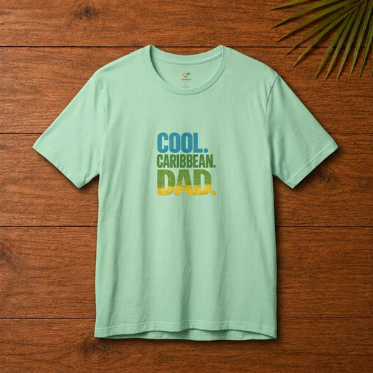 Cool Caribbean Dad graphic t-shirt with bold blue, green and yellow island-inspired lettering.