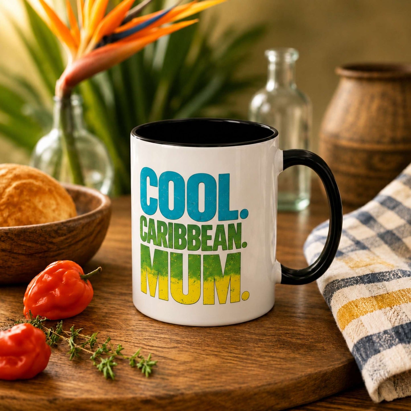 Cool Caribbean Mum accent mug with black handle and interior featuring bold Caribbean mum design.