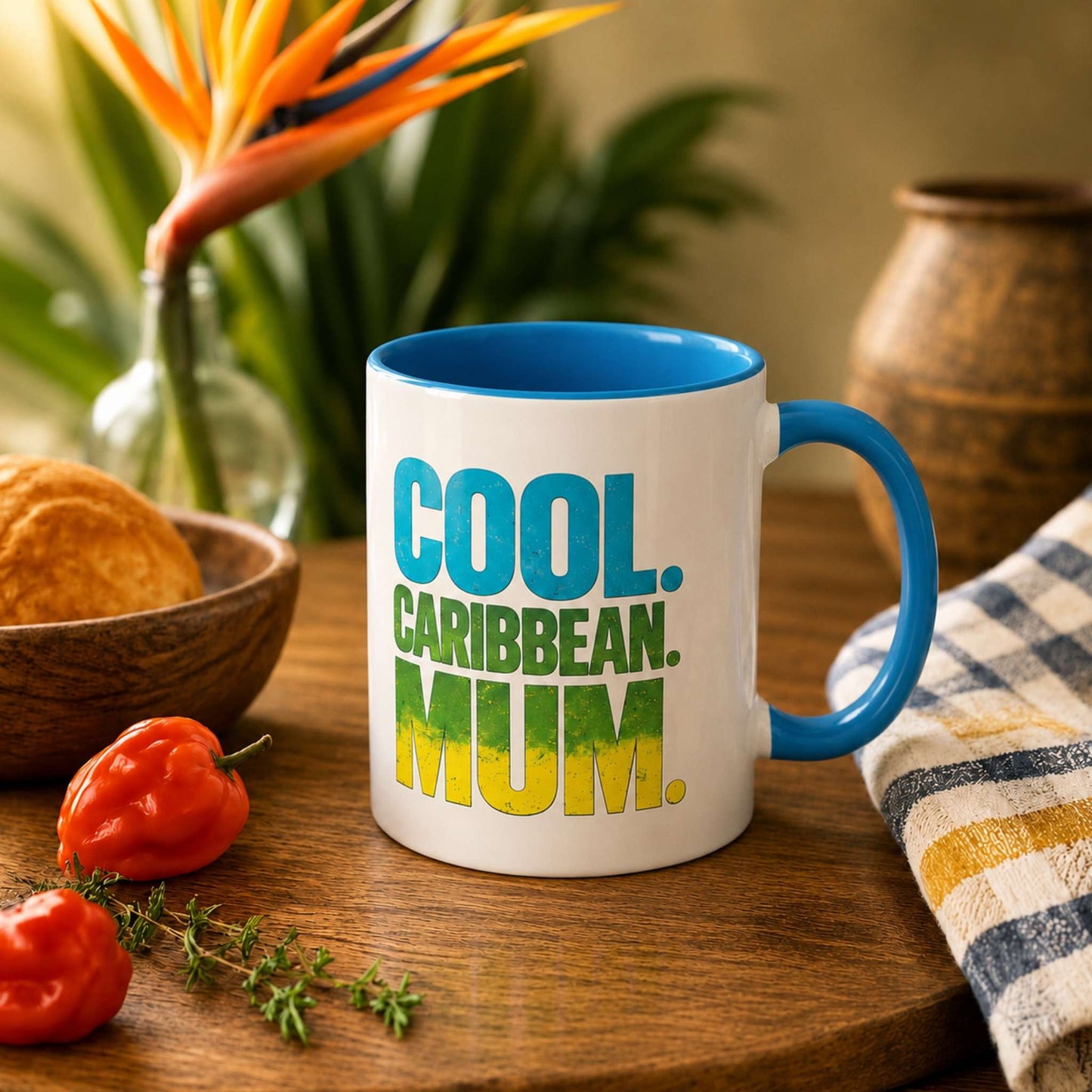 Cool Caribbean Mum accent mug with blue handle and interior featuring bold Caribbean mum design.
