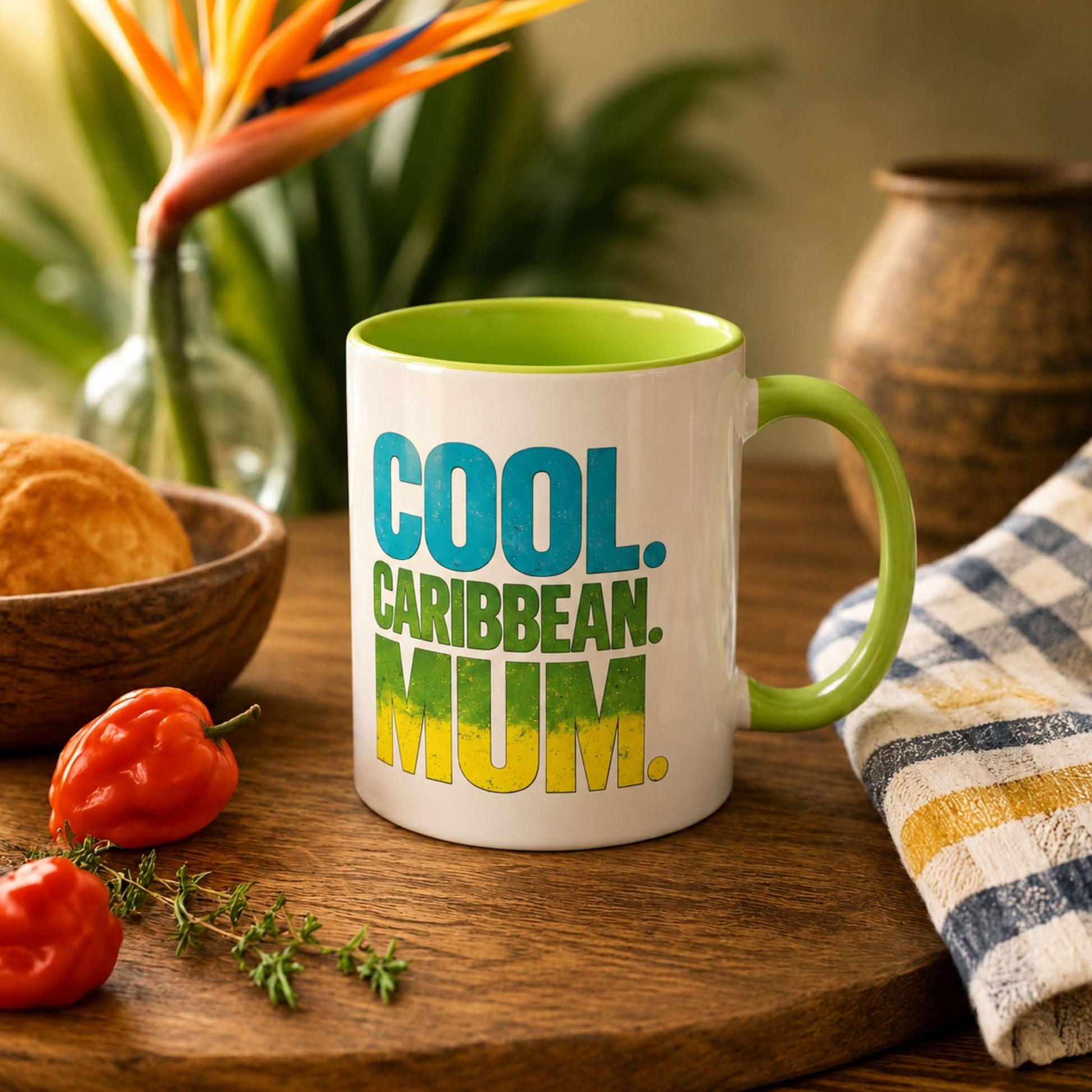 Cool Caribbean Mum accent mug with light green handle and interior featuring bold Caribbean mum design.