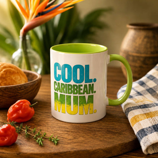 Cool Caribbean Mum accent mug with light green handle and interior featuring bold Caribbean mum design.