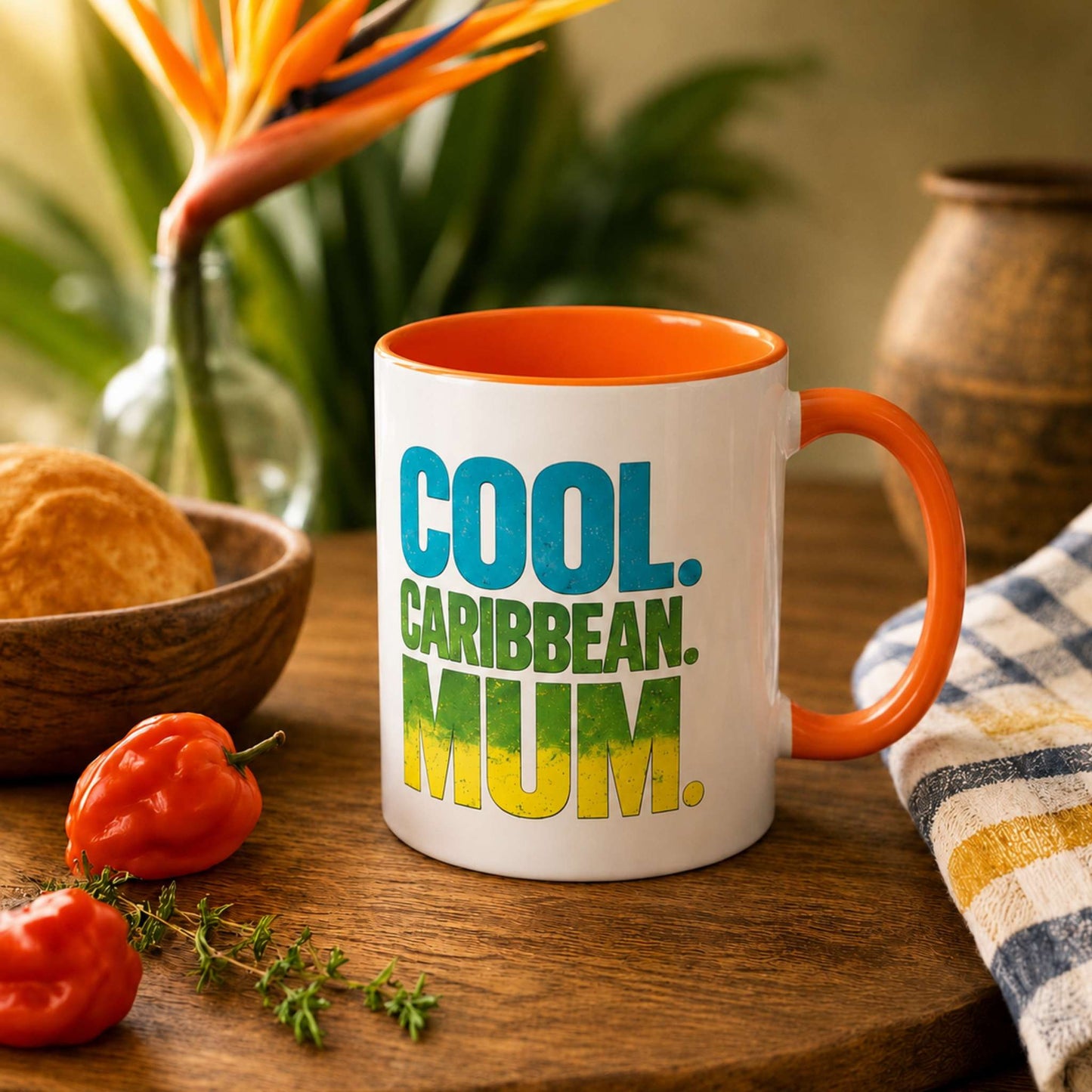 Cool Caribbean Mum accent mug with orange handle and interior featuring bold Caribbean mum design.