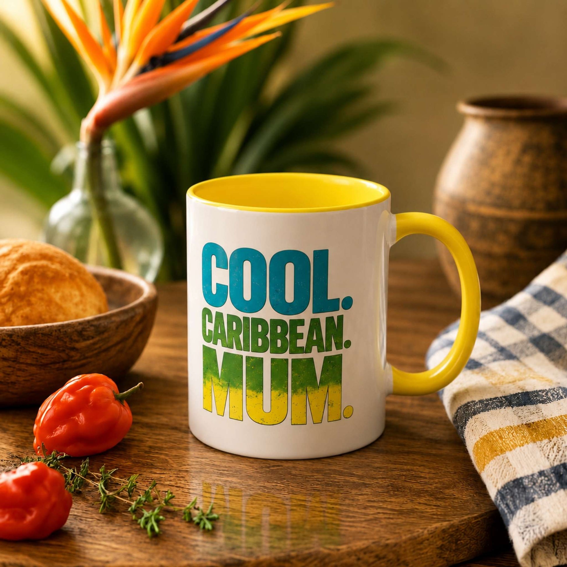 Cool Caribbean Mum accent mug with yellow handle and interior featuring bold Caribbean mum design.