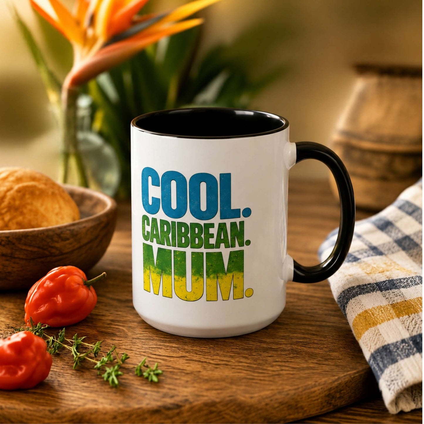 Cool Caribbean Mum accent mug with black handle and interior featuring bold Caribbean mum design.