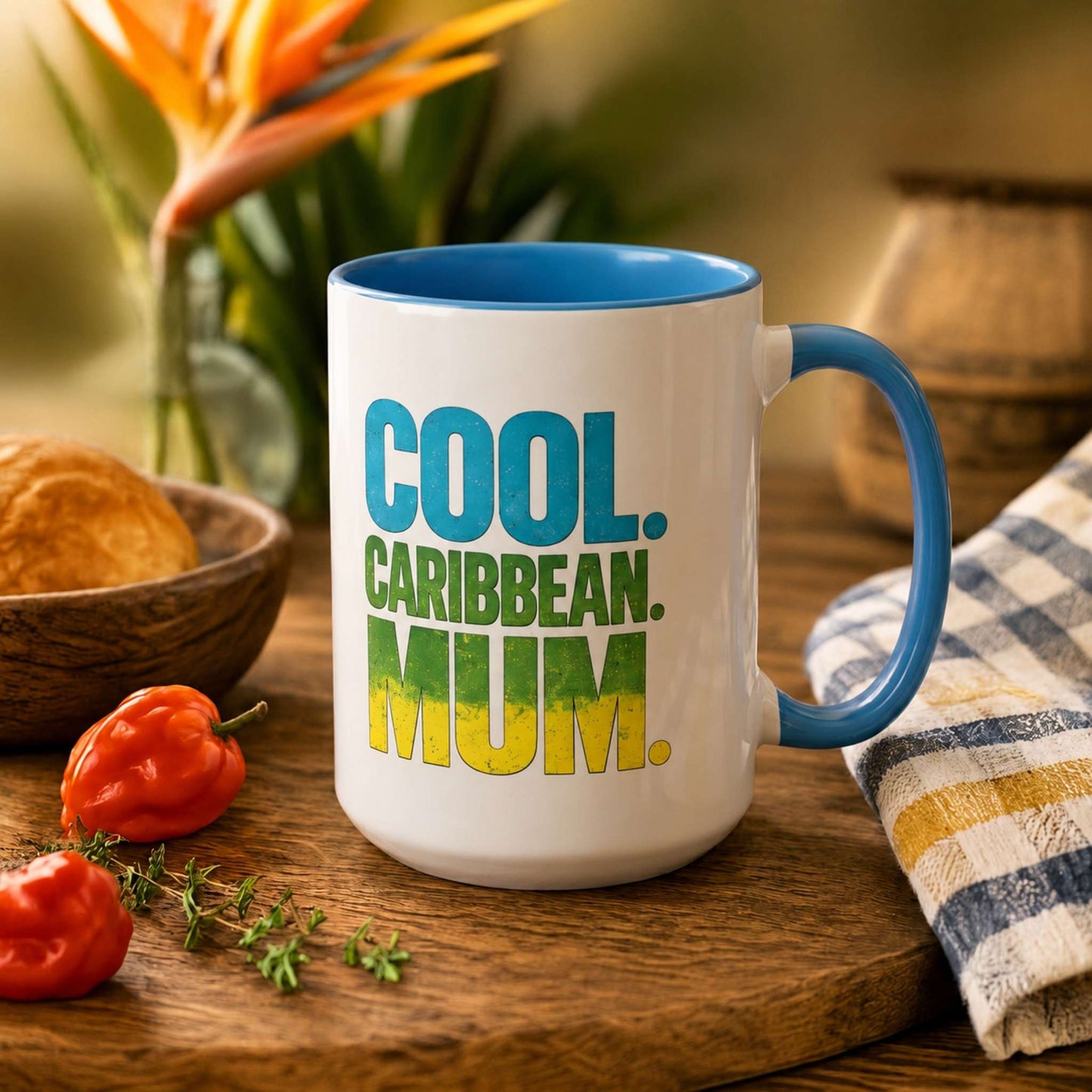 Cool Caribbean Mum accent mug with blue handle and interior featuring bold Caribbean mum design.