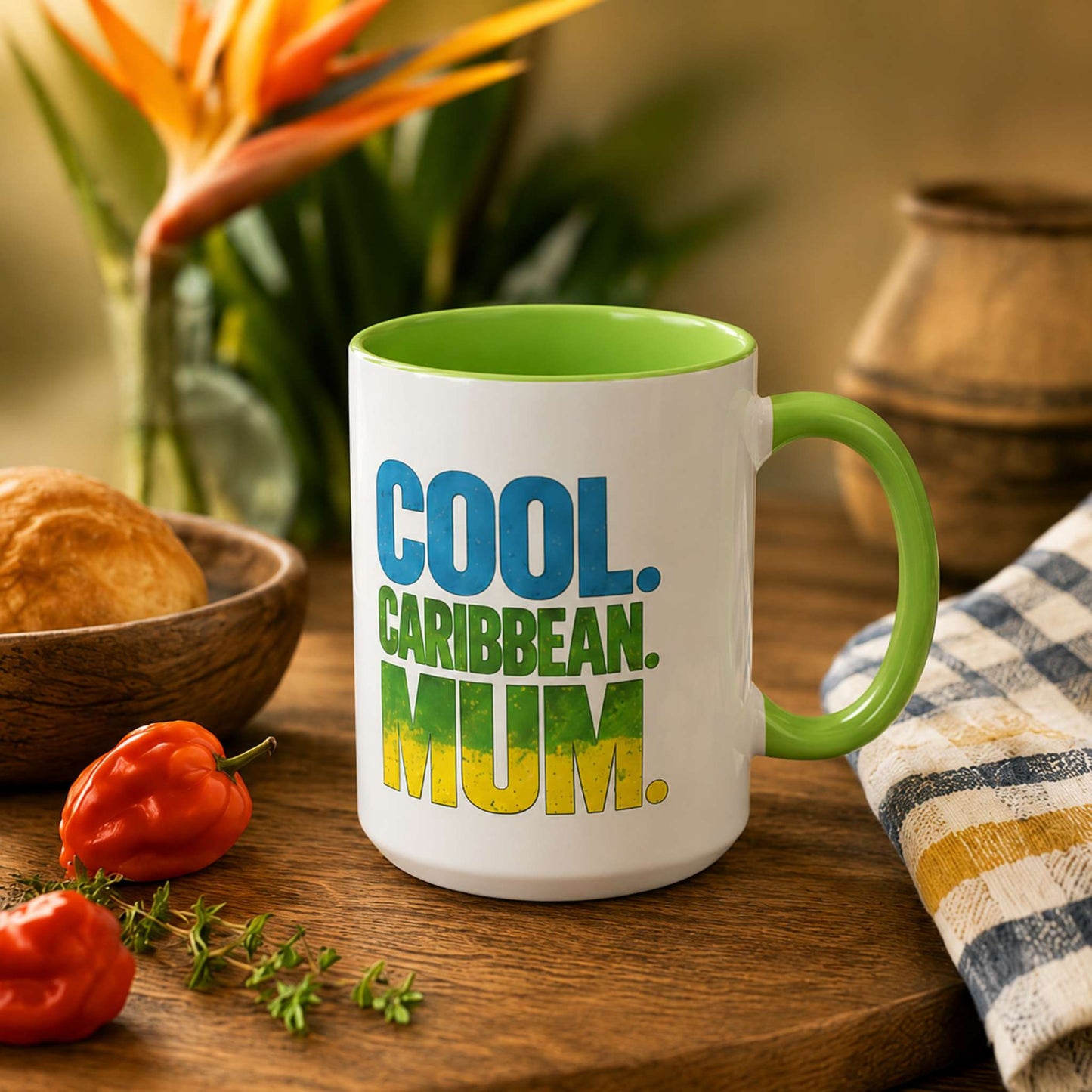 Cool Caribbean Mum accent mug with light green handle and interior featuring bold Caribbean mum design.