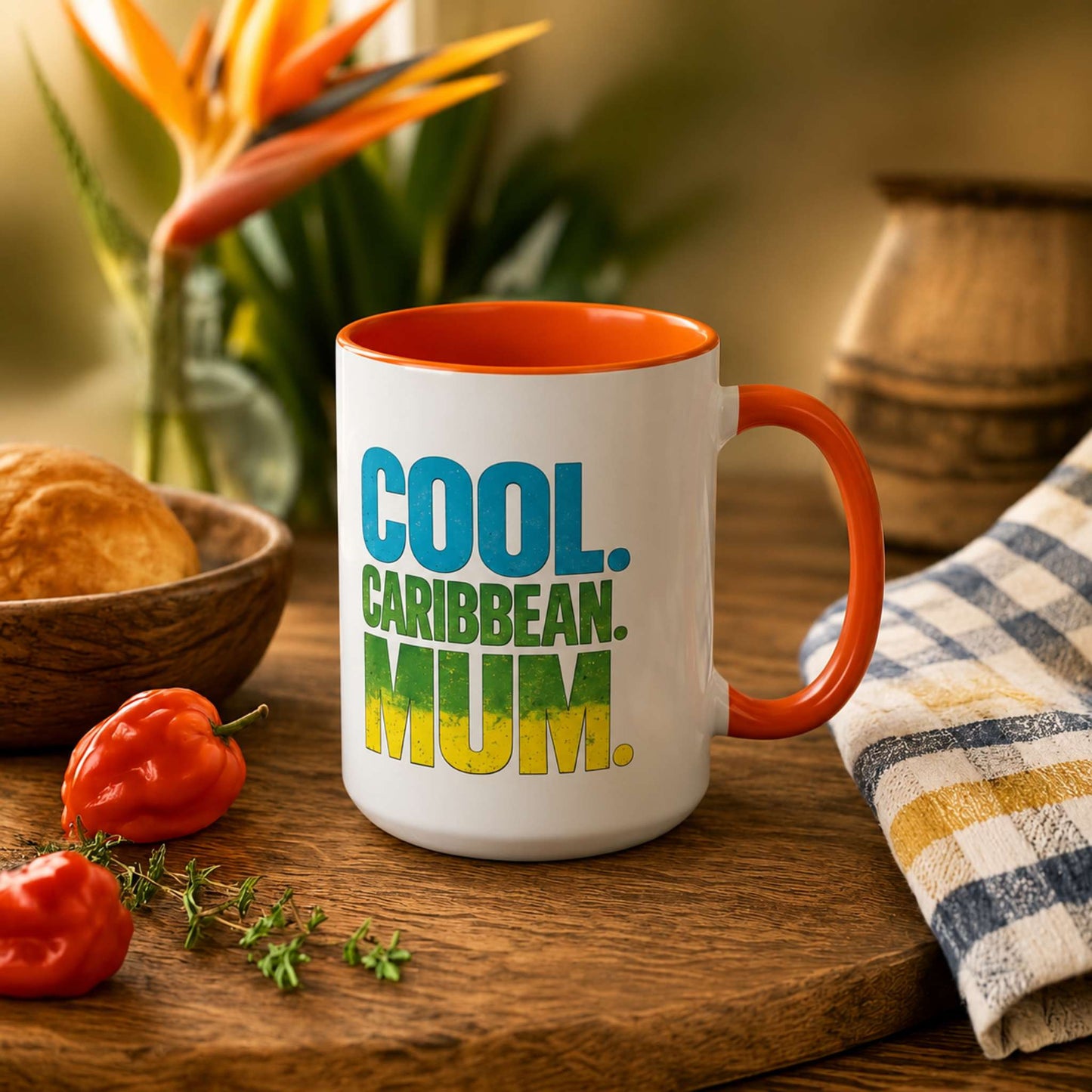 Cool Caribbean Mum accent mug with orange handle and interior featuring bold Caribbean mum design.