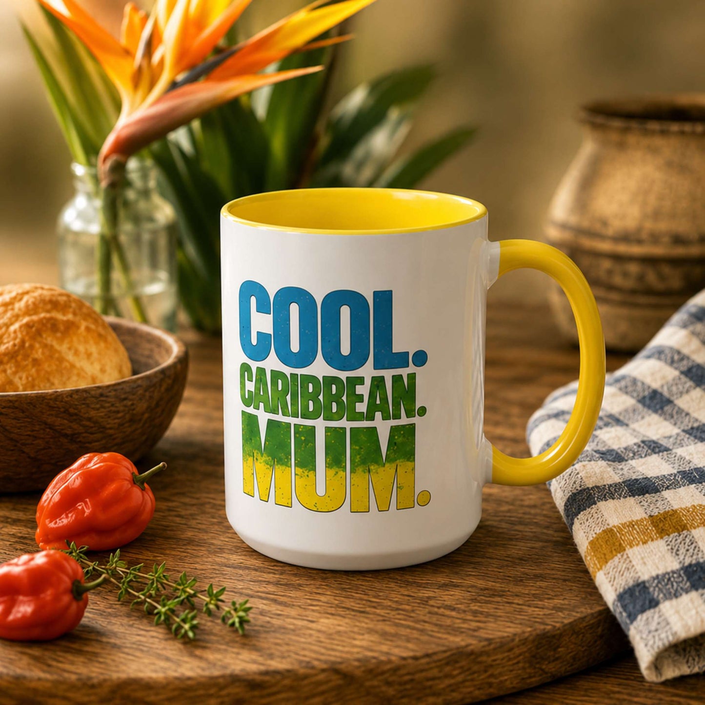 Cool Caribbean Mum accent mug with yellow handle and interior featuring bold Caribbean mum design.