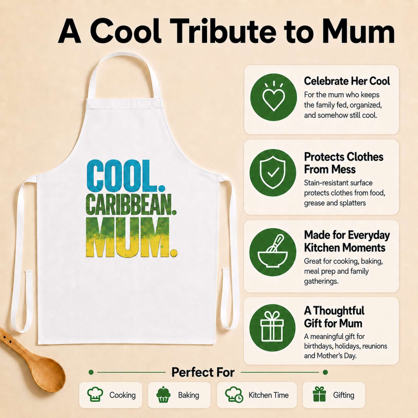Cool Caribbean Mum apron with bold blue, green and yellow island-inspired lettering.