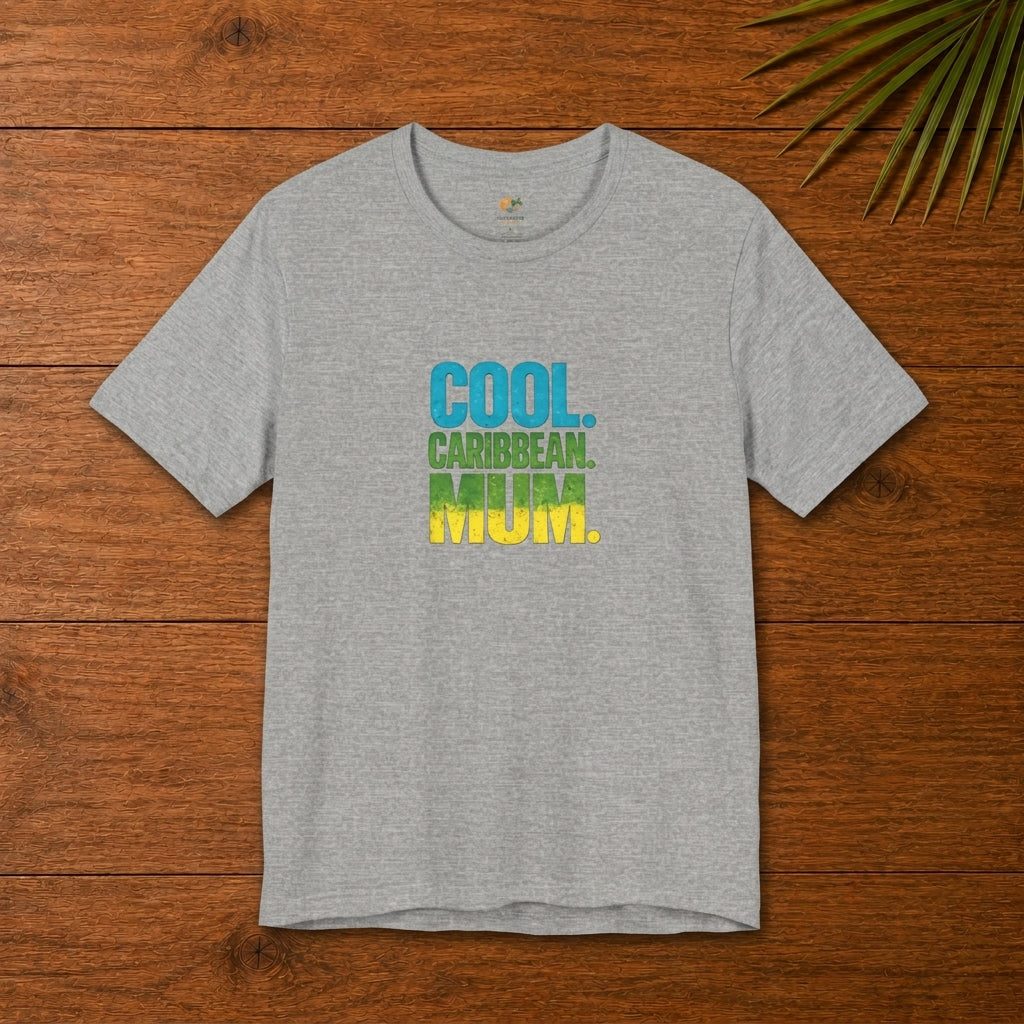 Cool Caribbean Mum graphic t-shirt with bold blue, green and yellow island-inspired lettering.