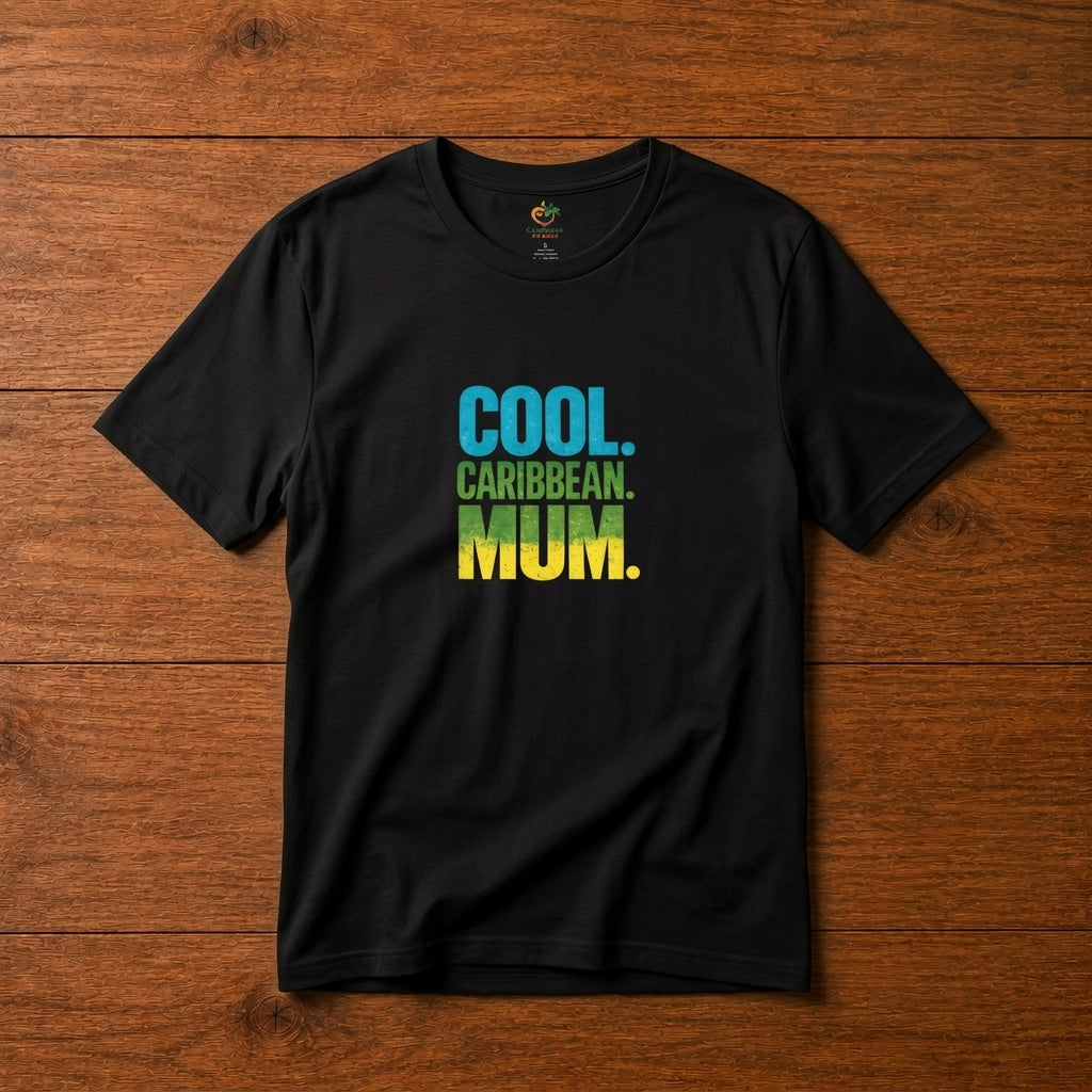 Cool Caribbean Mum graphic t-shirt with bold blue, green and yellow island-inspired lettering.