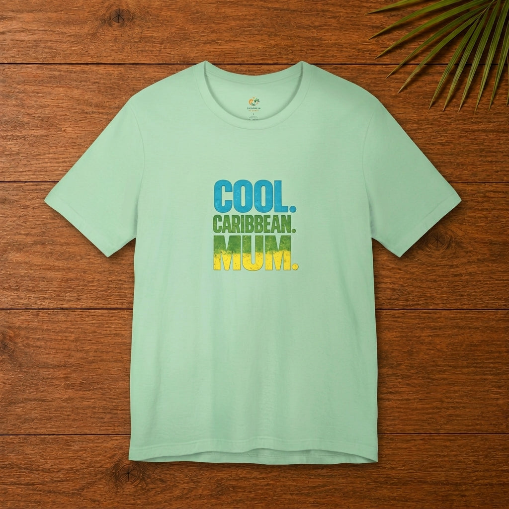 Cool Caribbean Mum graphic t-shirt with bold blue, green and yellow island-inspired lettering.