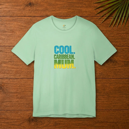 Cool Caribbean Mum graphic t-shirt with bold blue, green and yellow island-inspired lettering.