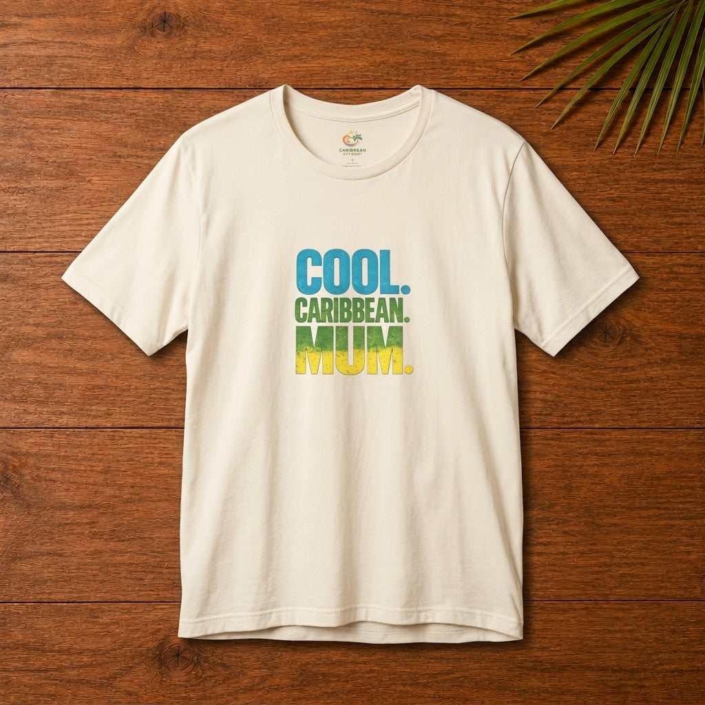 Cool Caribbean Mum graphic t-shirt with bold blue, green and yellow island-inspired lettering.