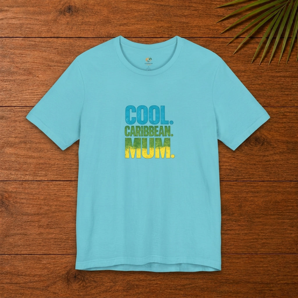 Cool Caribbean Mum graphic t-shirt with bold blue, green and yellow island-inspired lettering.