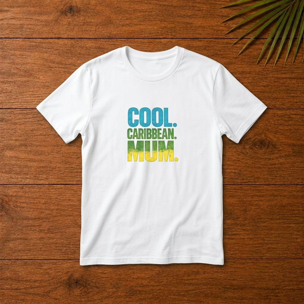 Cool Caribbean Mum graphic t-shirt with bold blue, green and yellow island-inspired lettering.