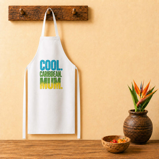 Cool Caribbean Mum apron with bold blue, green and yellow island-inspired lettering.