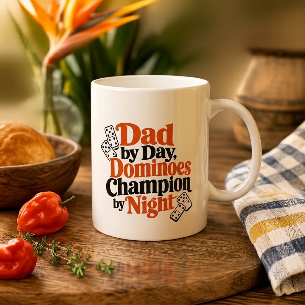 Dominoes Champion Dad ceramic mug with Dad by Day Dominoes Champion by Night graphic.