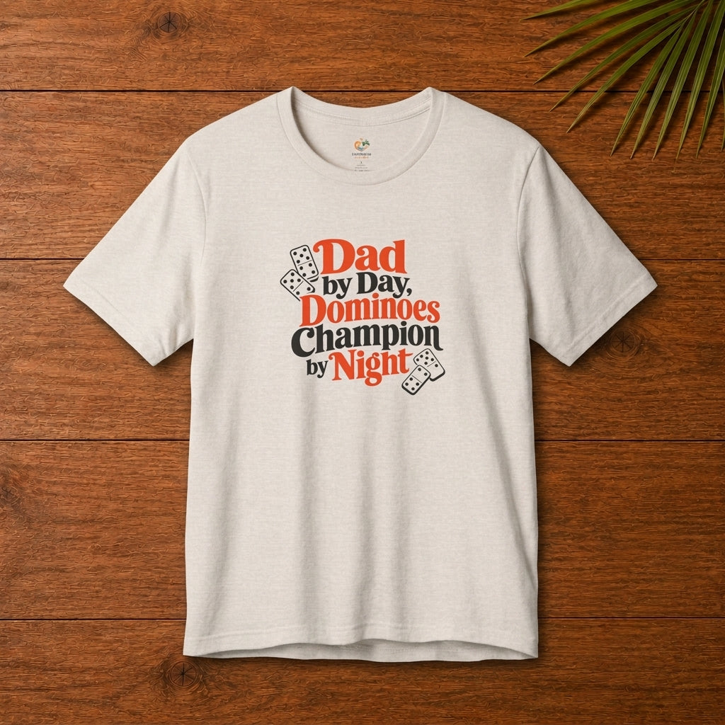 Caribbean dad dominoes graphic heather dust t-shirt with Dad by Day Dominoes Champion by Night design.