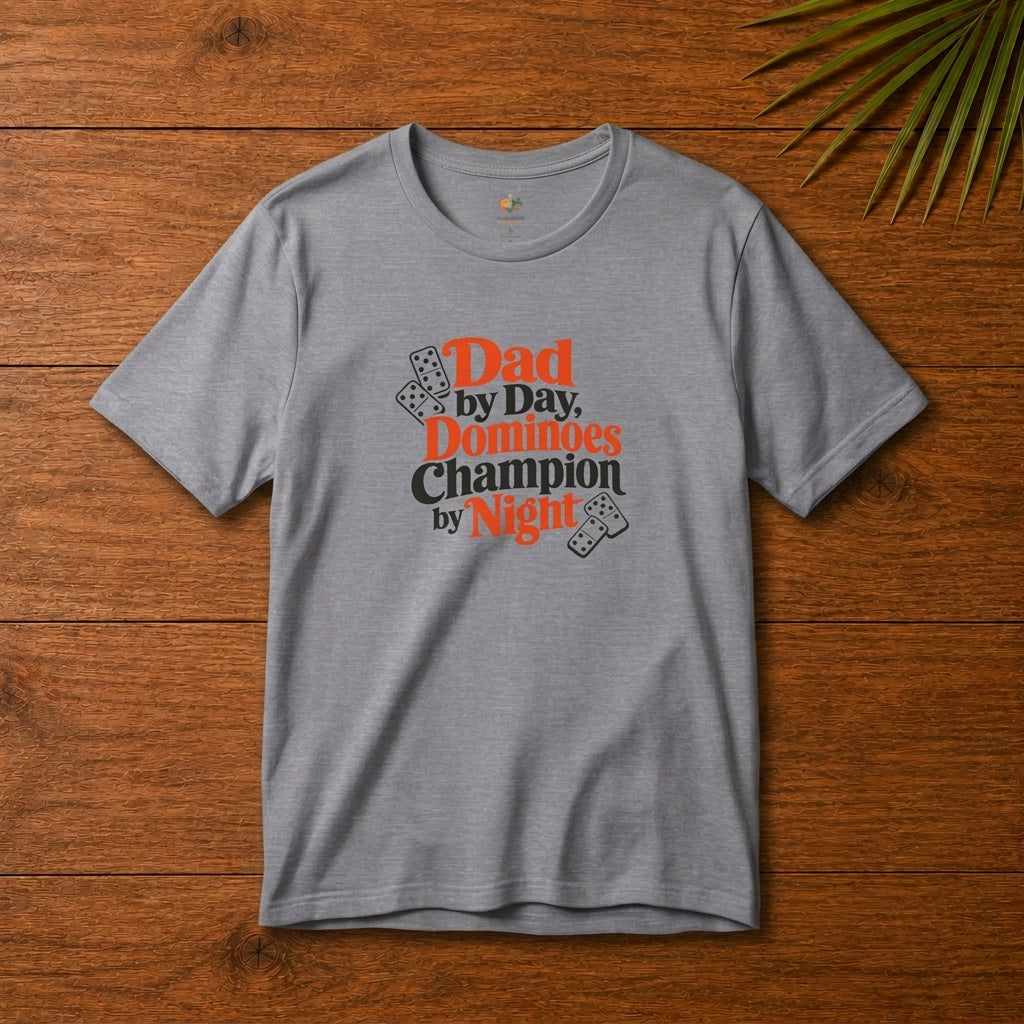 Caribbean dad dominoes graphic heather storm t-shirt with Dad by Day Dominoes Champion by Night design.