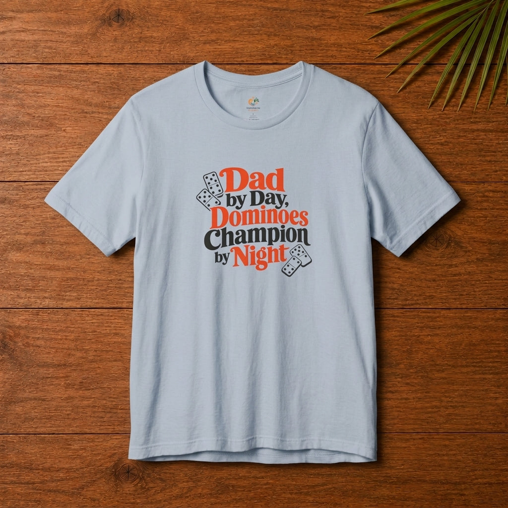 Caribbean dad dominoes graphic light blue t-shirt with Dad by Day Dominoes Champion by Night design.