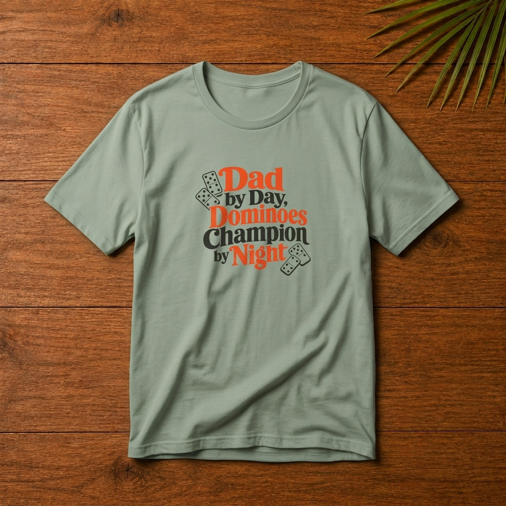 Caribbean dad dominoes graphic sage t-shirt with Dad by Day Dominoes Champion by Night design.