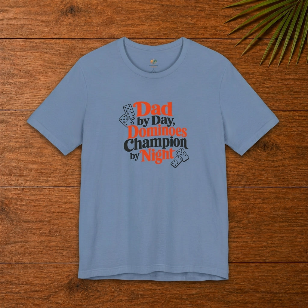Caribbean dad dominoes graphic steel blue t-shirt with Dad by Day Dominoes Champion by Night design.
