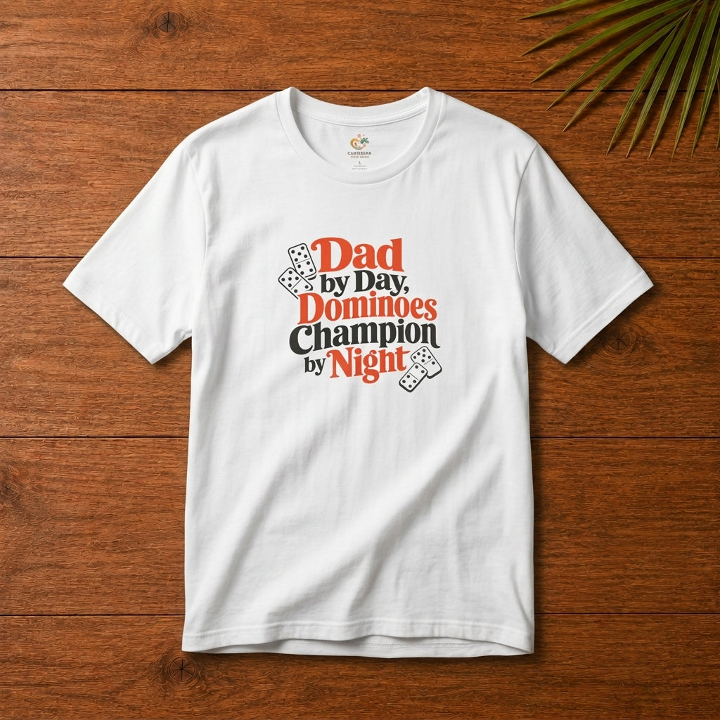 Caribbean dad dominoes graphic white t-shirt with Dad by Day Dominoes Champion by Night design.