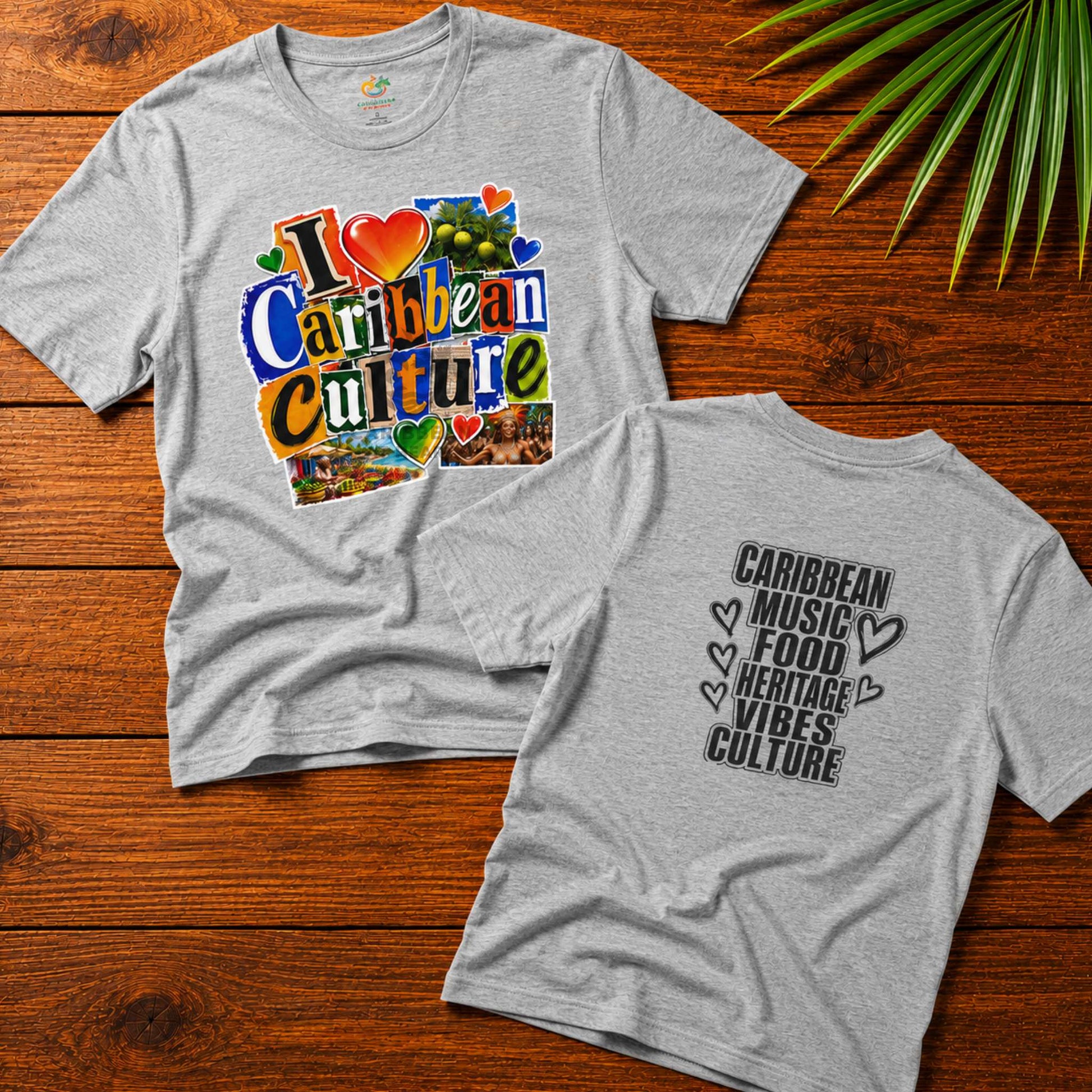 I Love Caribbean Culture adult unisex t-shirt with colorful front graphic and Caribbean culture word design on the back.