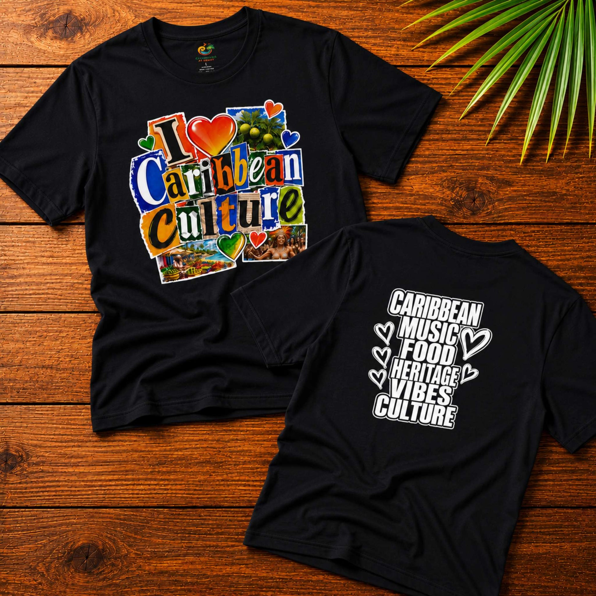 I Love Caribbean Culture adult unisex t-shirt with colorful front graphic and Caribbean culture word design on the back.