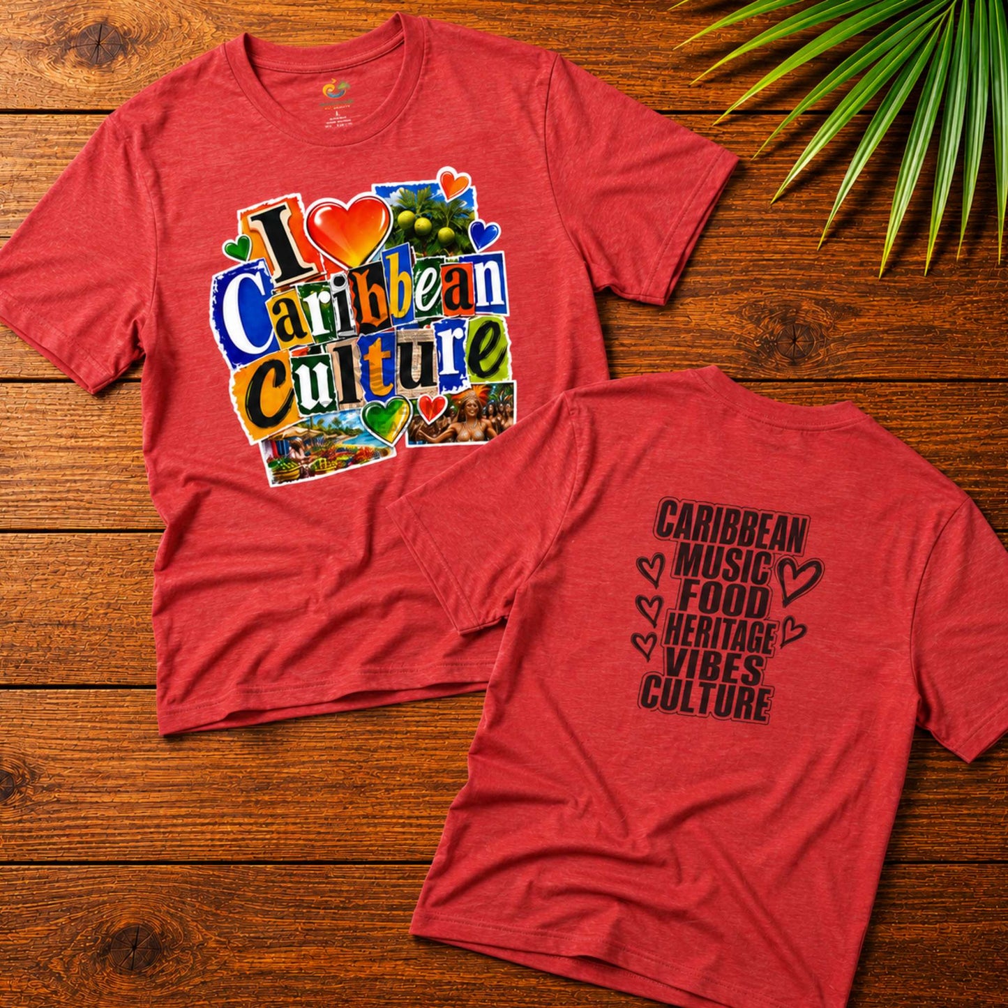 I Love Caribbean Culture adult unisex t-shirt with colorful front graphic and Caribbean culture word design on the back.
