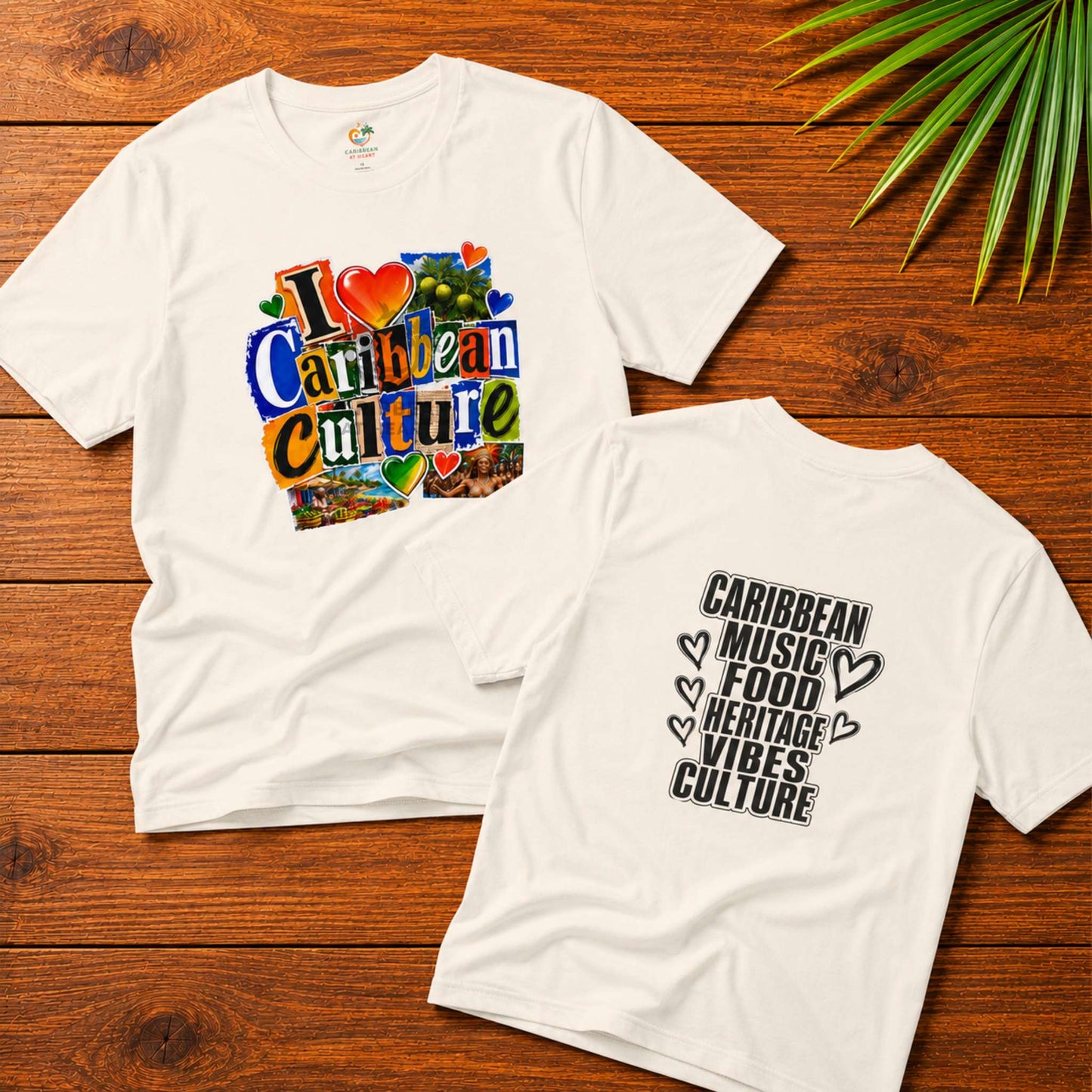 I Love Caribbean Culture adult unisex t-shirt with colorful front graphic and Caribbean culture word design on the back.