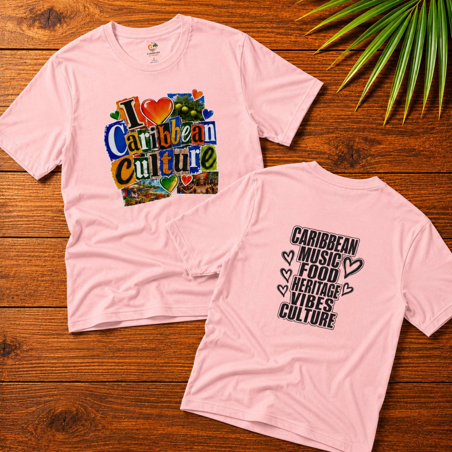 I Love Caribbean Culture adult unisex t-shirt with colorful front graphic and Caribbean culture word design on the back.