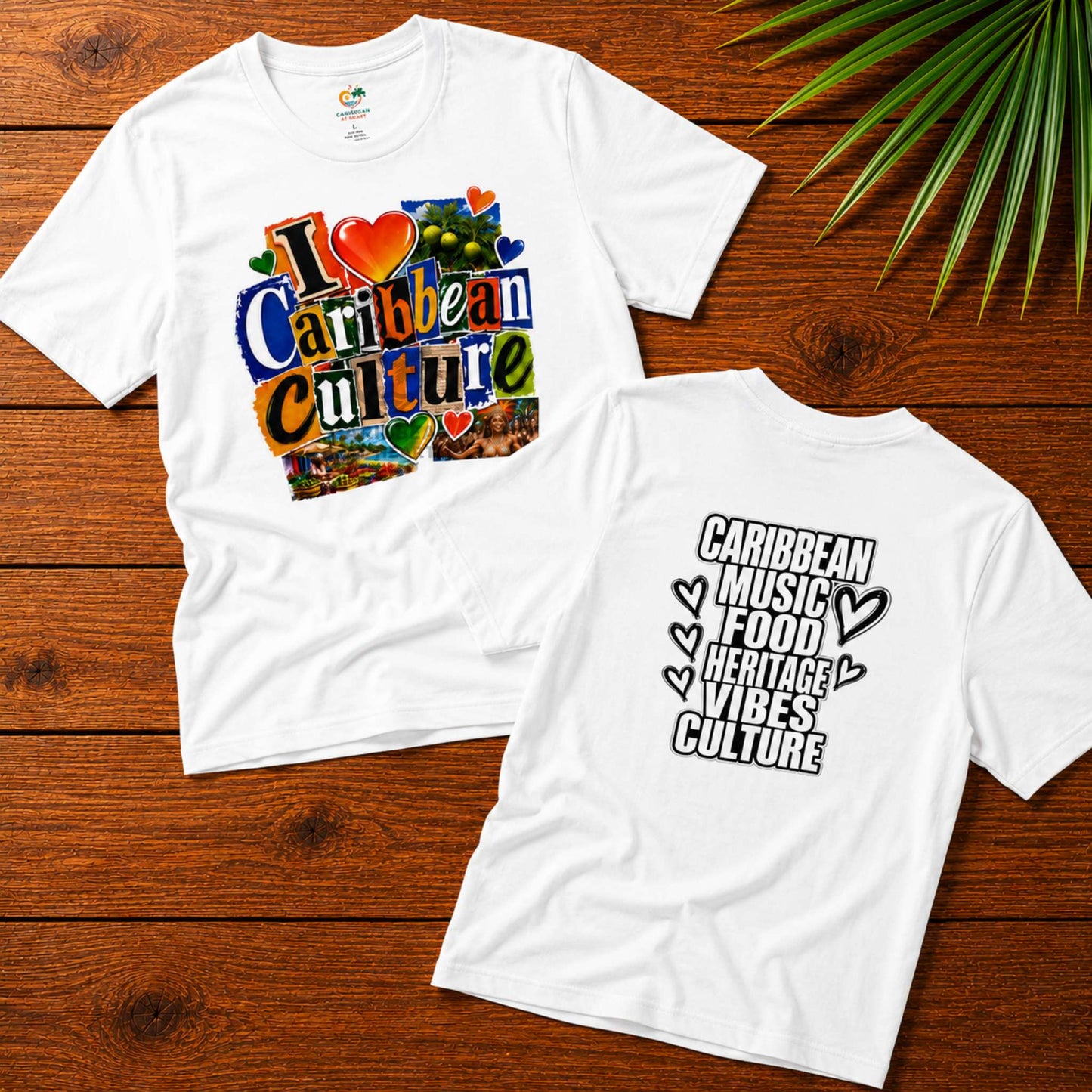 I Love Caribbean Culture adult unisex t-shirt with colorful front graphic and Caribbean culture word design on the back.
